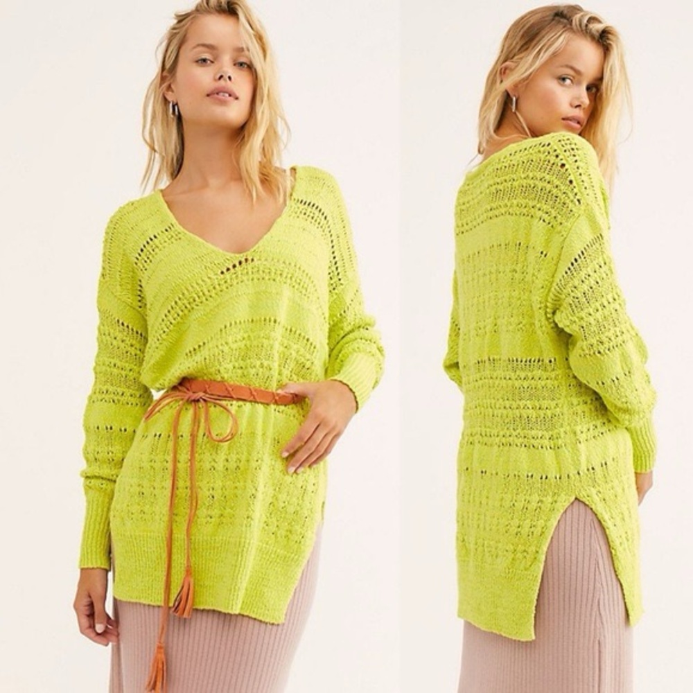 Free People Lime Green Tunic Knit Sweater XS EUC